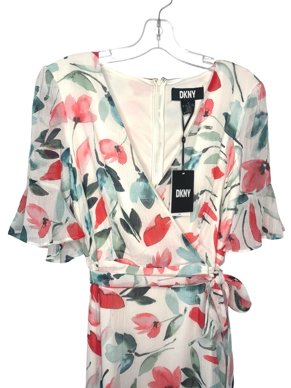 DKNY NWT Floral Wrap Midi Dress w Pink & Teal Blooms elbow flutter sleeve US 6
